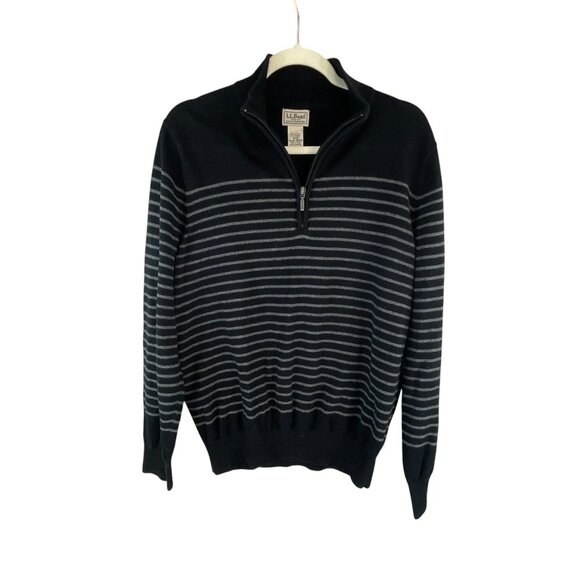 L.L.Bean Mens Medium Black Gray Striped Half-Zip Sz M Sweater Casual Streetwear - Picture 2 of 9